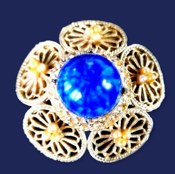 Vintage Flower Faux Pearl Gold Tone Filigree Brooch - Picture 1 of 9